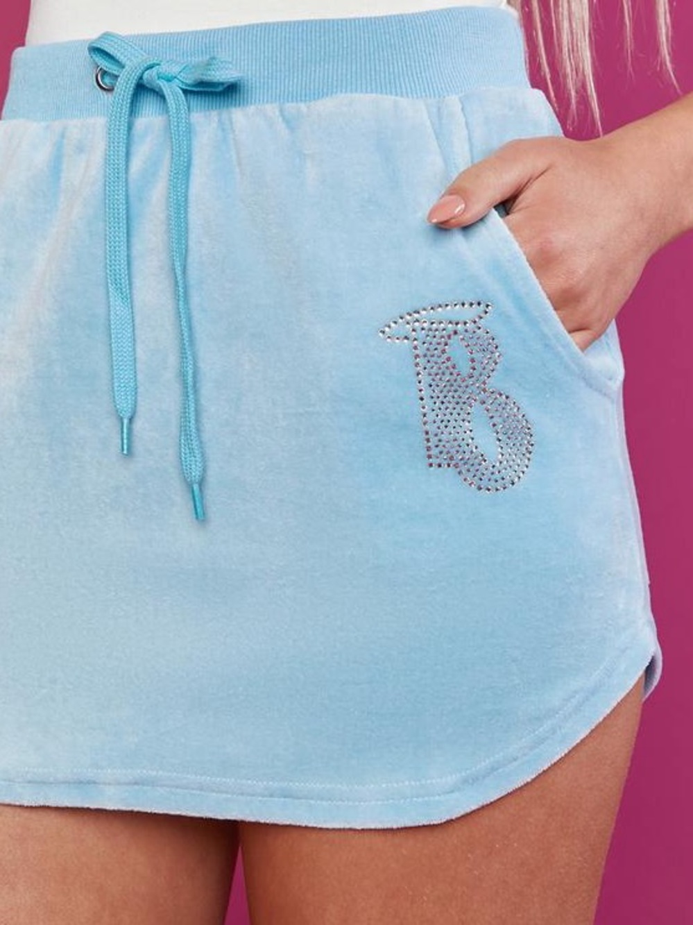 Dolls Kill x Bratz Velour Rhinestone Mini Skirt Baby Blue Sky Keep It Glossy Med